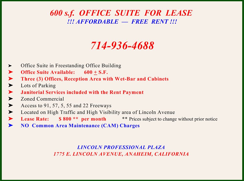 Lincoln Professional: 1775 E Lincoln Ave, Anaheim, CA 92805